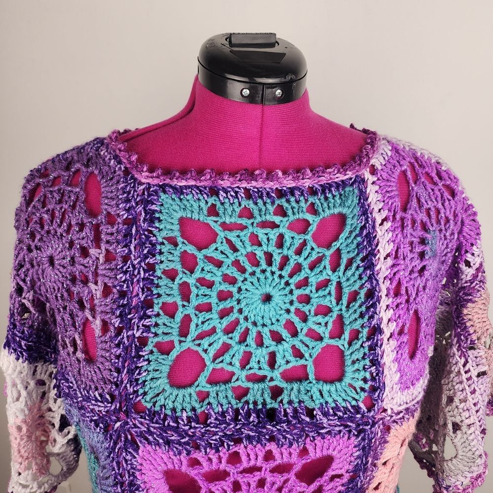 New Handmade Boho Crochet Granny Square Top - Vibrant Patchwork Festival Blouse - Picture 14 of 16